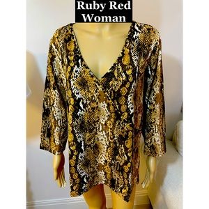 Ruby Red V Neck Beaded Faux Crossover Top Sz 1X
